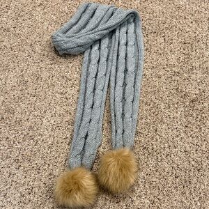 Cozy Gray Cable Knit Scarf with Faux Fur Pom Poms